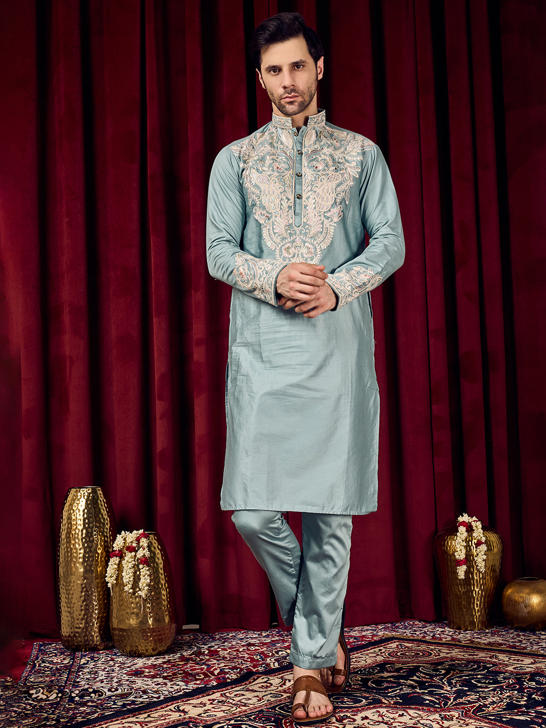 Celestial Solid Blue Neck Embroidered With Matching Sleeves On Pure Cotton Kurta Set