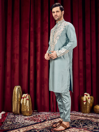 Celestial Solid Blue Neck Embroidered With Matching Sleeves On Pure Cotton Kurta Set