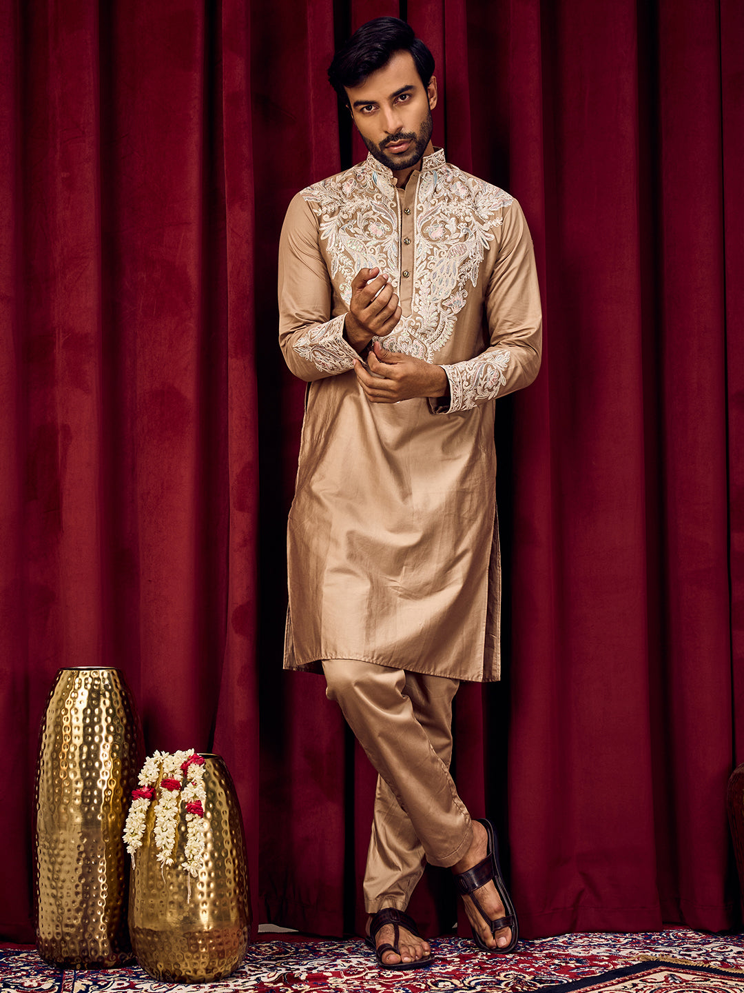 Celestial Rustic Brown Neck Embroidered With Matching Sleeves On Pure Cotton Kurta Set