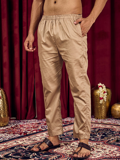 Celestial Rustic Brown Neck Embroidered With Matching Sleeves On Pure Cotton Kurta Set