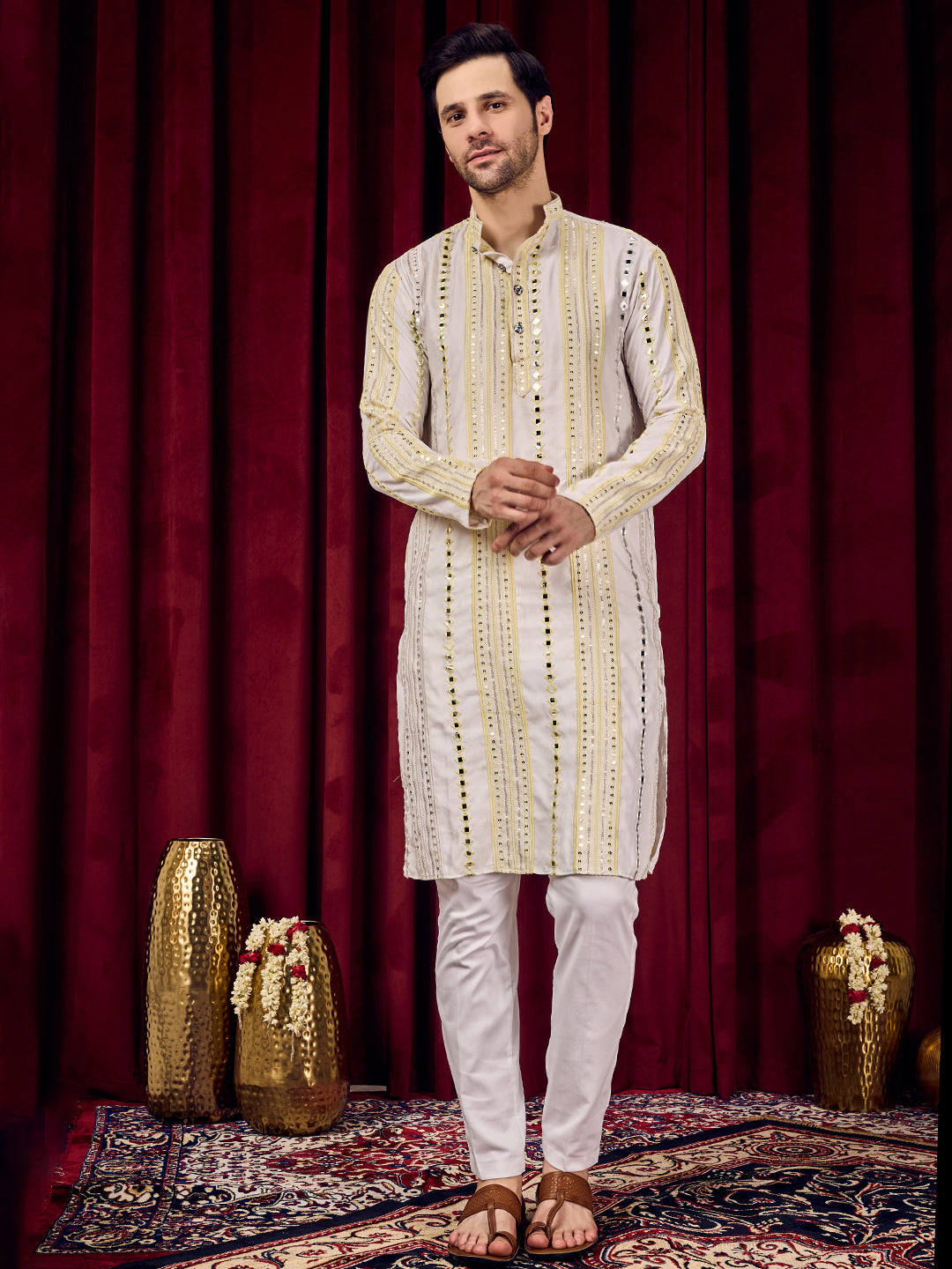 Rang Leheriya Yellow Foiled Mirror Striped Work Kurta Set