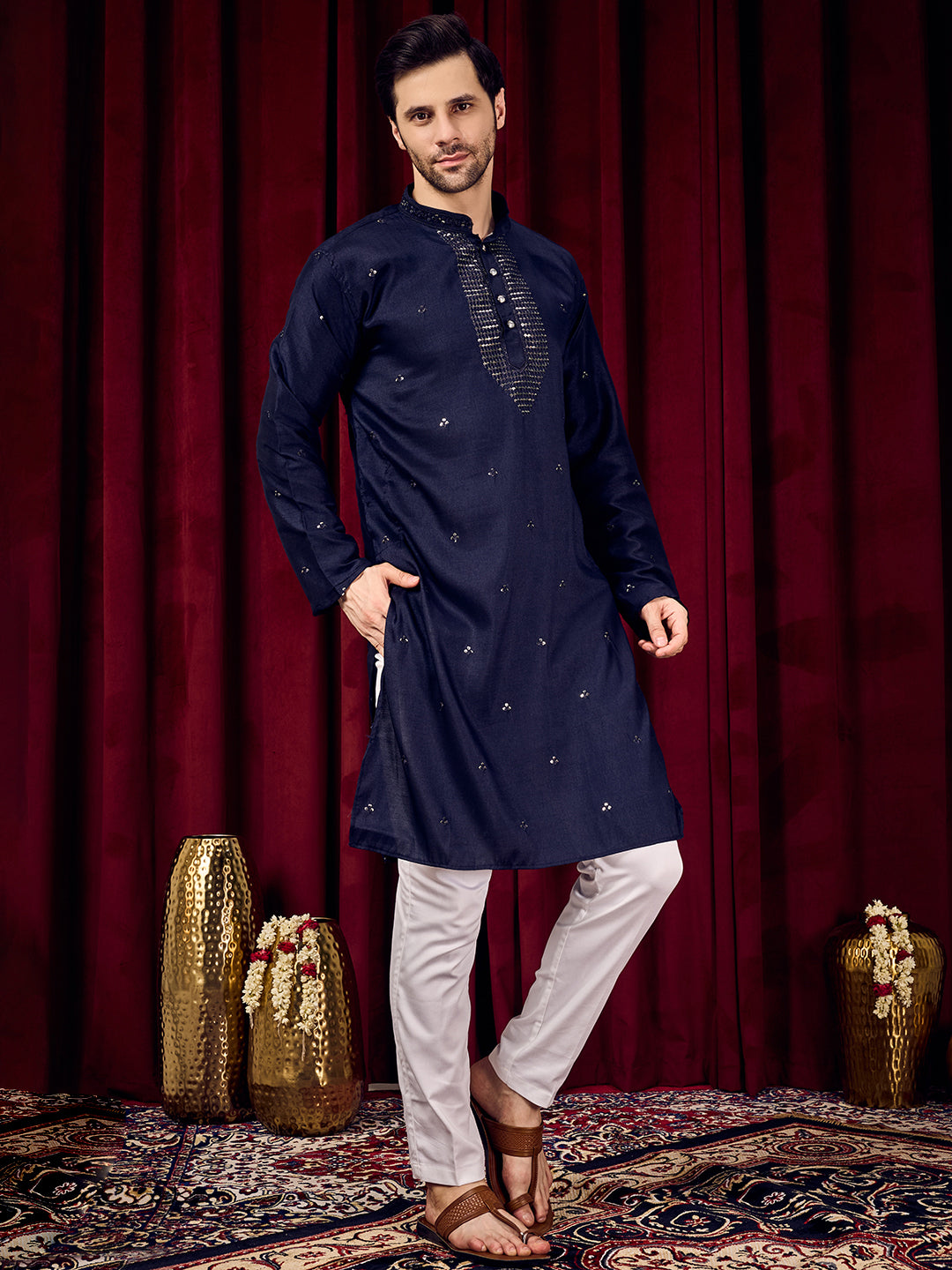 Desi Gleam Navy Blue Neck Sequined Kurta With Pant