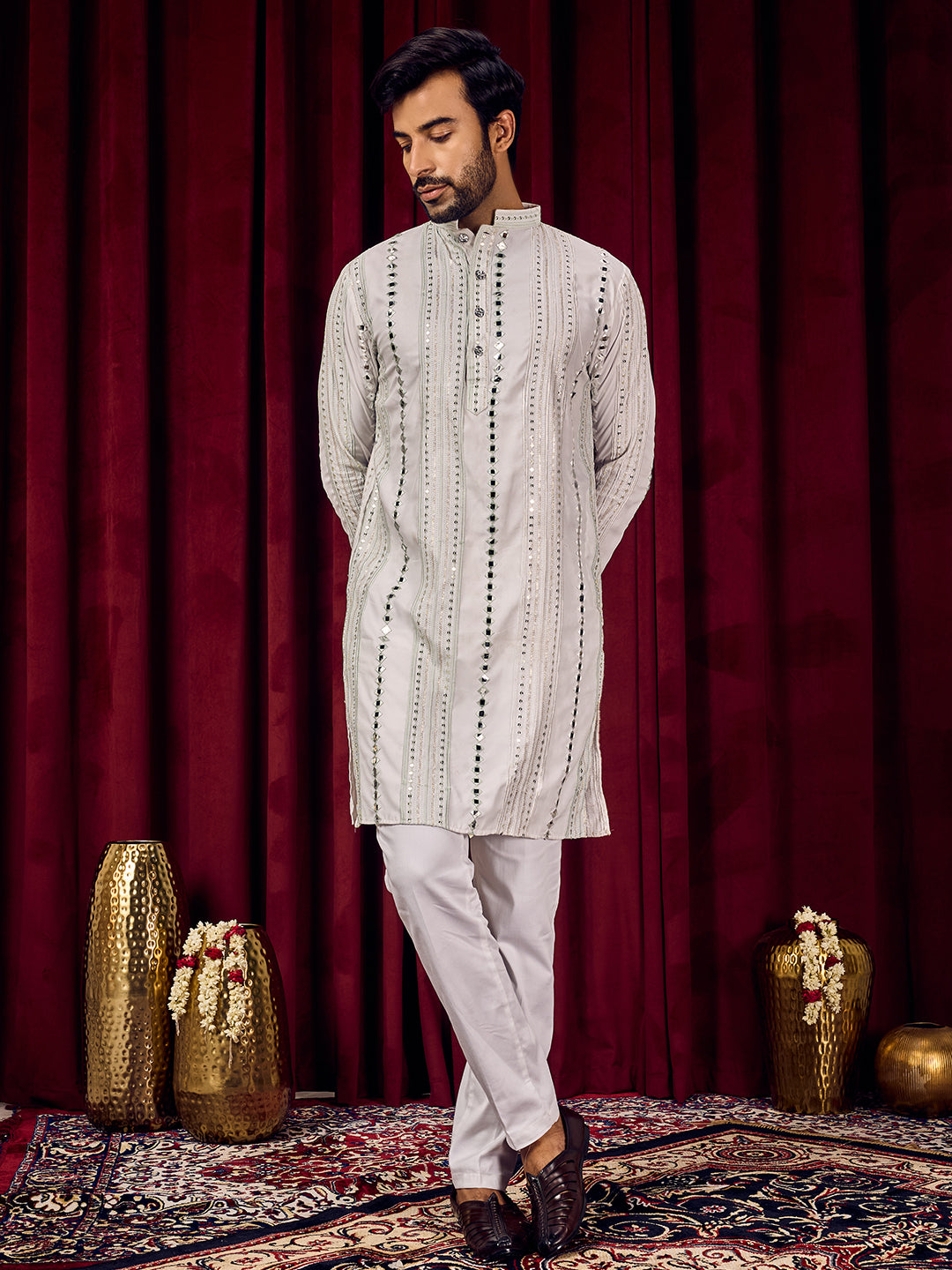 Rang Leheriya Sea Green Foiled Mirror Striped Work Kurta Set