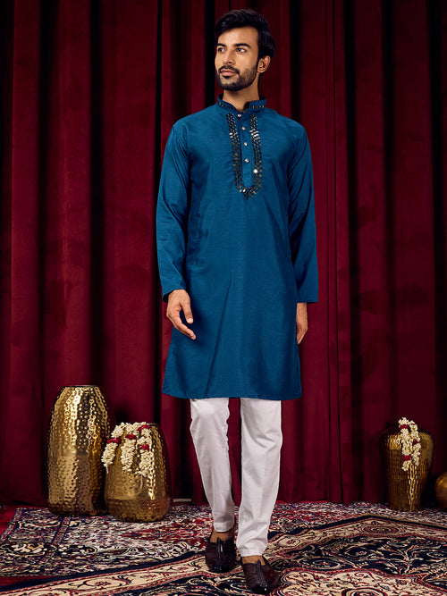 Sparkle Symphony Royal Blue Real Mirror Neck Embroidered Kurta