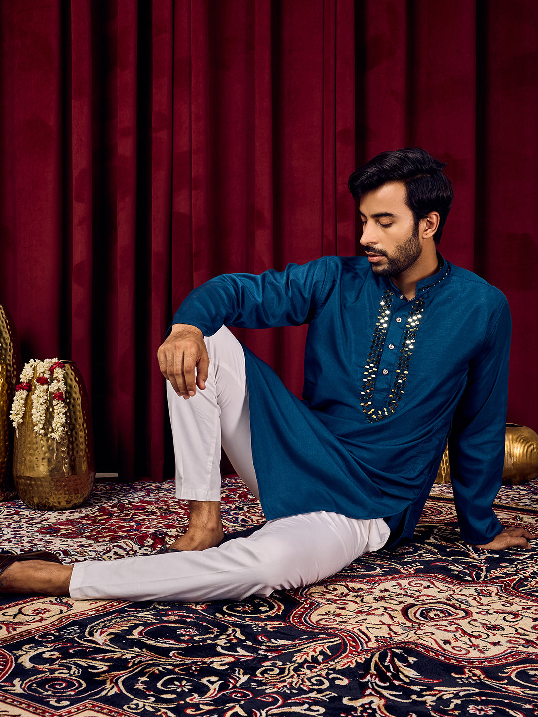 Sparkle Symphony Royal Blue Real Mirror Neck Embroidered Kurta-pant set