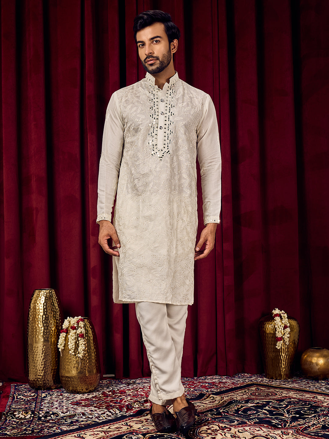 Roshni Ivory Real Mirror Neck Kurta With Sequins Embroidery Kurta Set