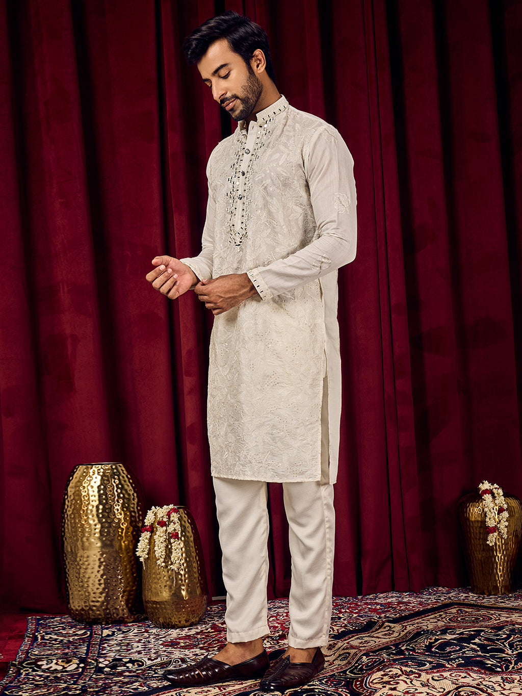 Roshni Ivory Real Mirror Neck Kurta With Sequins Embroidery Kurta Set