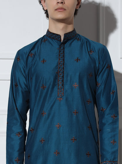 Navy Blue Butta Embroidered Pure Cotton Kurta Set