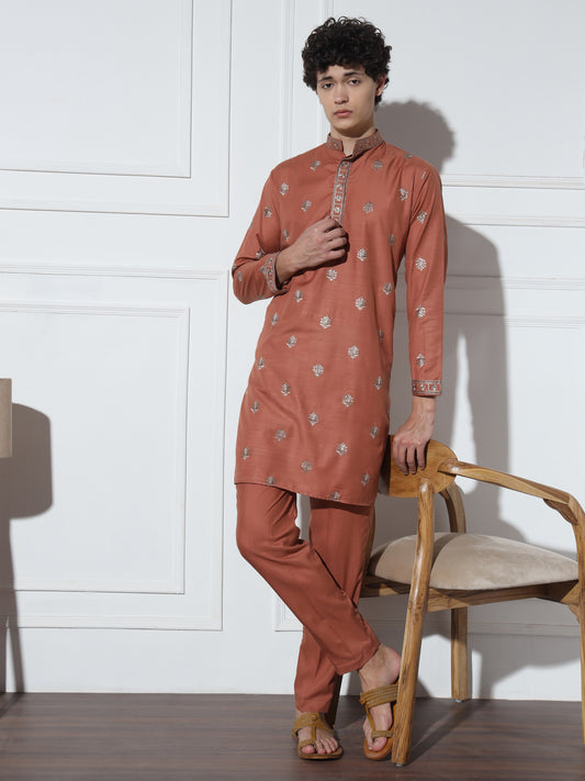 Orange Butta embroidered pure cotton kurta set