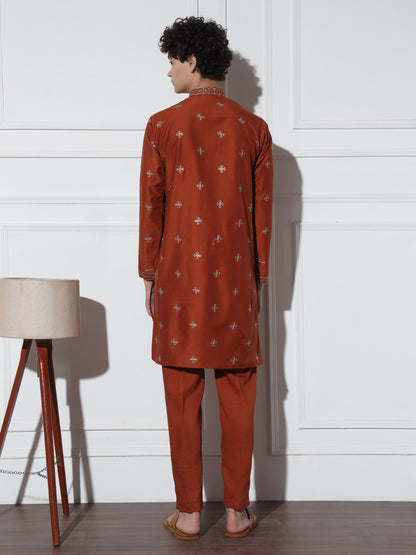 Fire Orange Butta Embroidered Pure Cotton Kurta Set