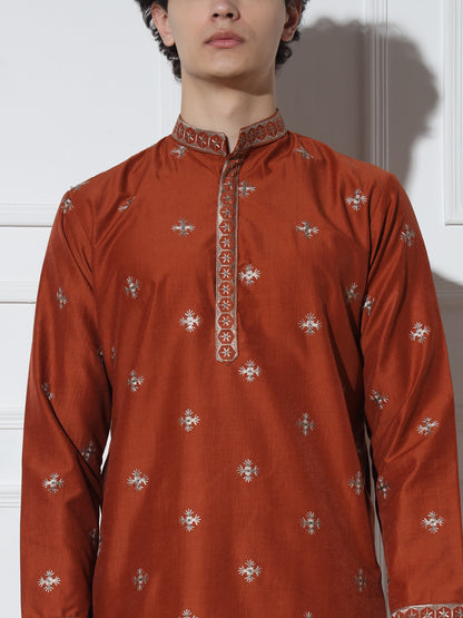 Fire Orange Butta Embroidered Pure Cotton Kurta Set