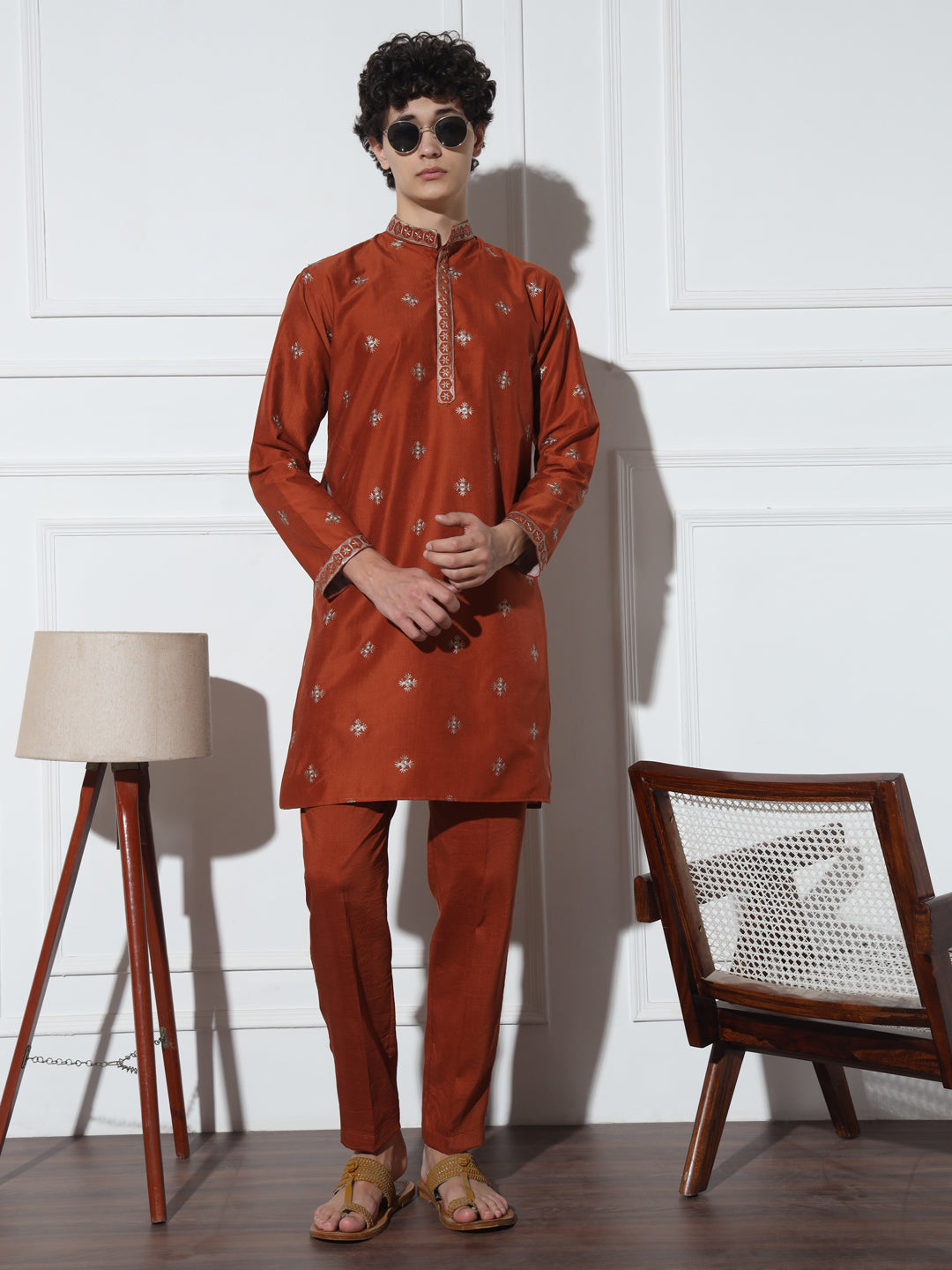 Fire Orange Butta Embroidered Pure Cotton Kurta Set