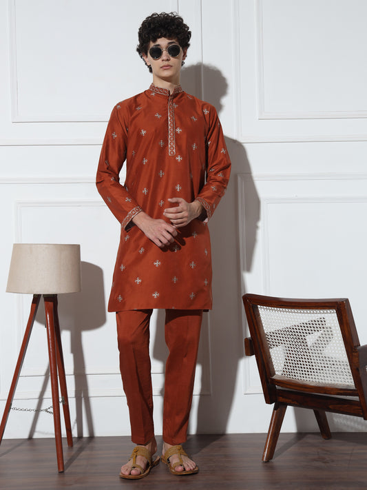 Fire Orange Butta embroidered pure cotton kurta set