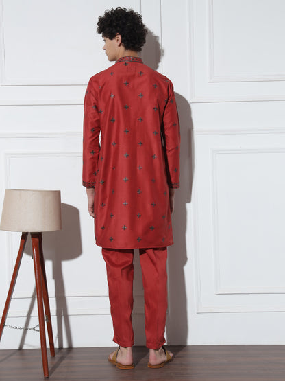 Red Butta Embroidered Pure Cotton Kurta Set