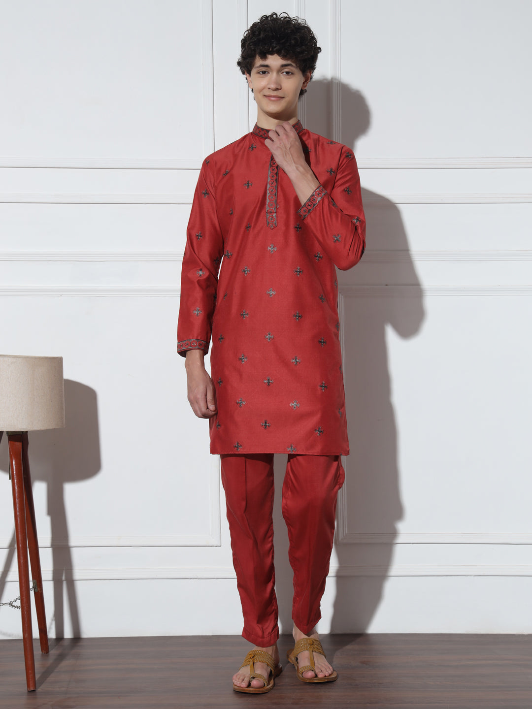 Red Butta Embroidered Pure Cotton Kurta Set