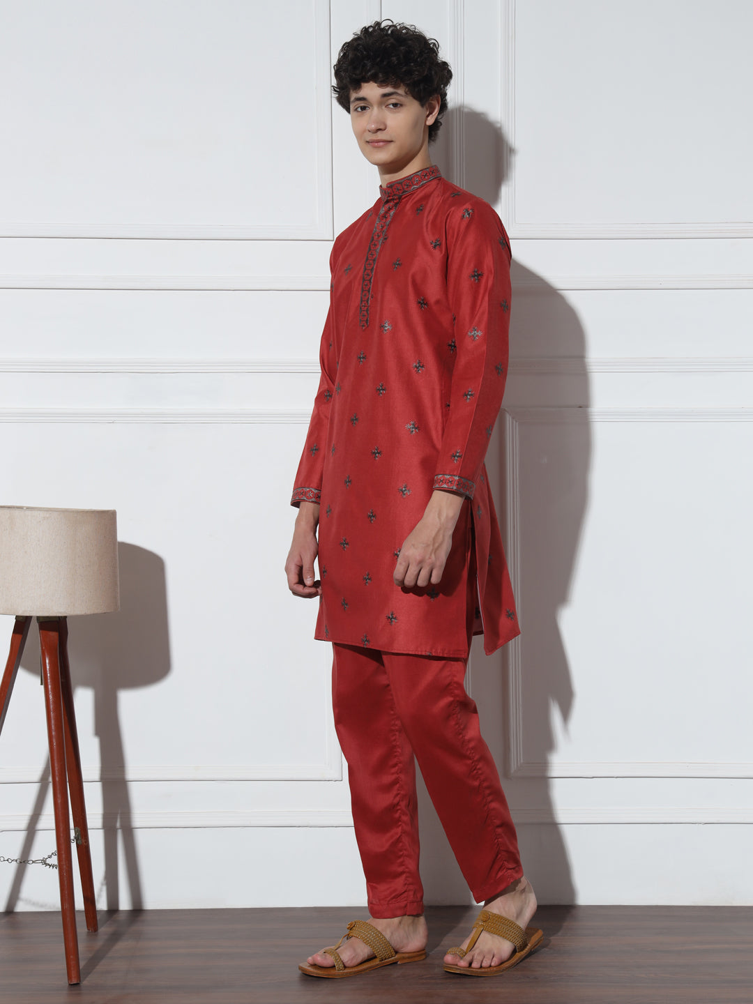 Red Butta Embroidered Pure Cotton Kurta Set