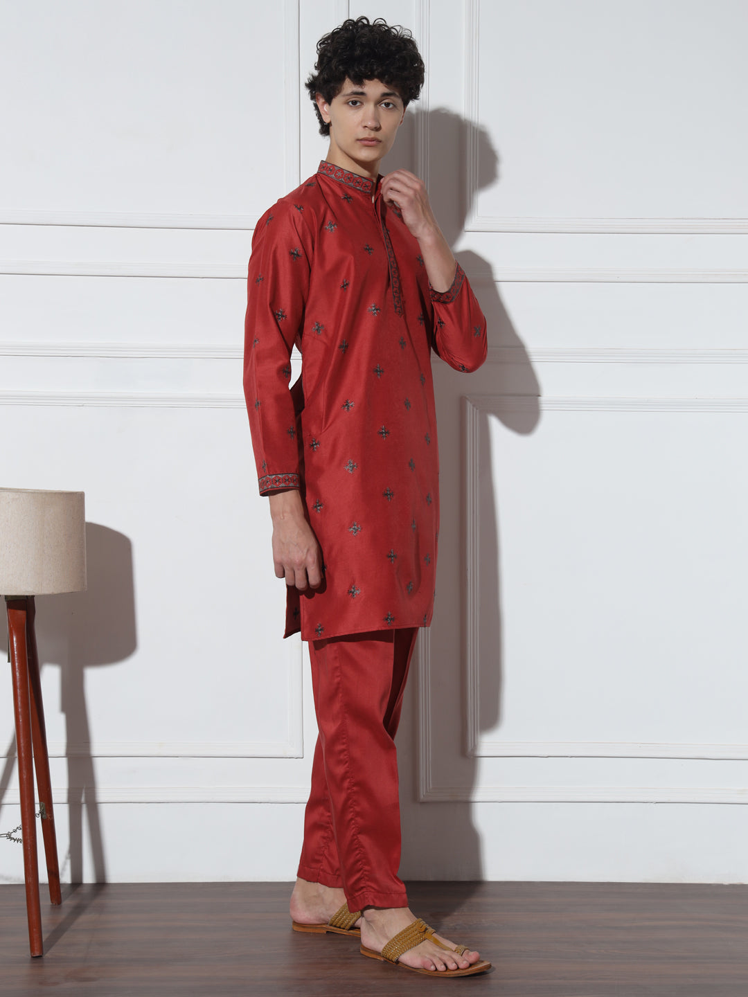 Red Butta Embroidered Pure Cotton Kurta Set