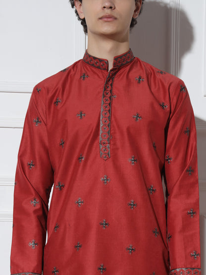 Red Butta Embroidered Pure Cotton Kurta Set