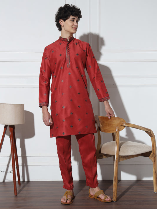 Red Butta embroidered pure cotton kurta set