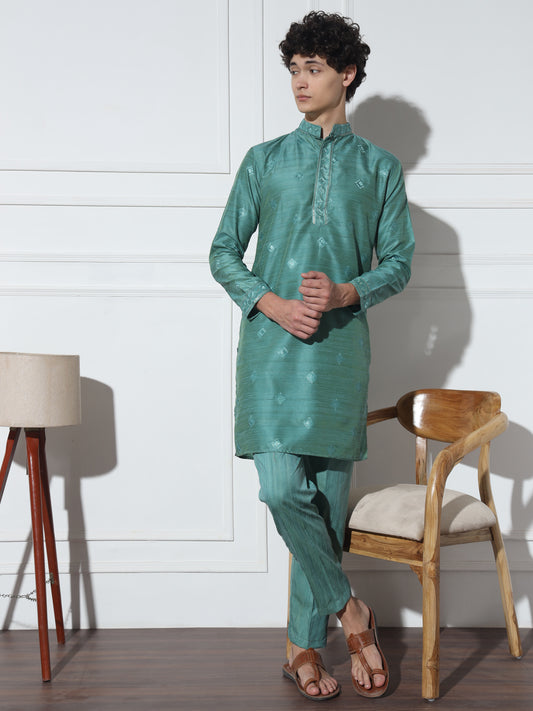 Turquoise Green Butta embroidered pure cotton kurta set