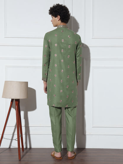 Light Olive Butta Embroidered Pure Cotton Kurta Set