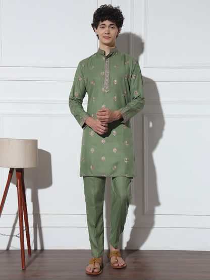 Light Olive Butta Embroidered Pure Cotton Kurta Set