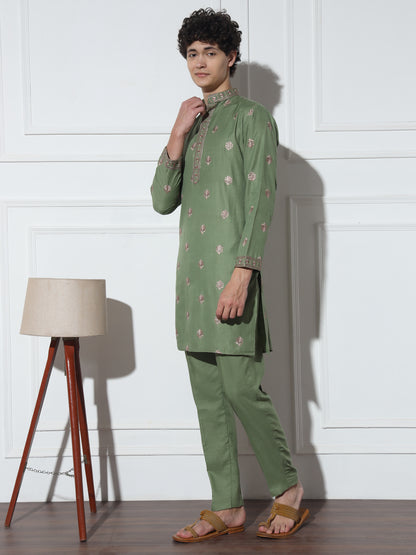 Light Olive Butta Embroidered Pure Cotton Kurta Set