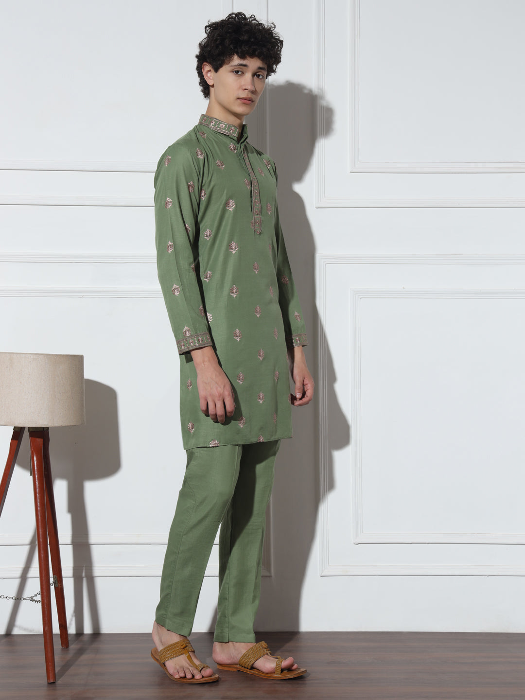 Light Olive Butta Embroidered Pure Cotton Kurta Set