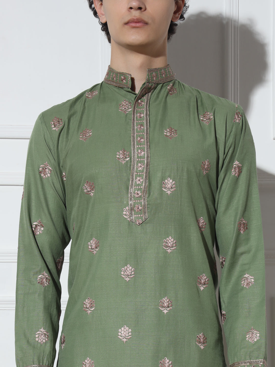 Light Olive Butta Embroidered Pure Cotton Kurta Set