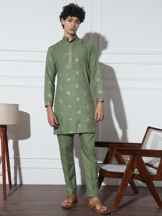 Light Olive Butta Embroidered Pure Cotton Kurta Set