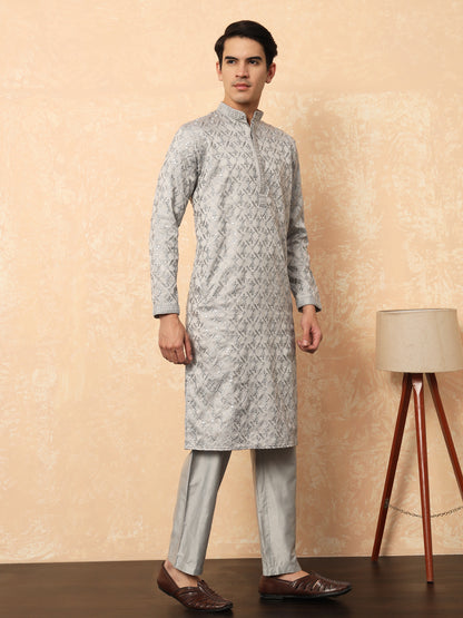 Grey cotton satin kurta with embroidery