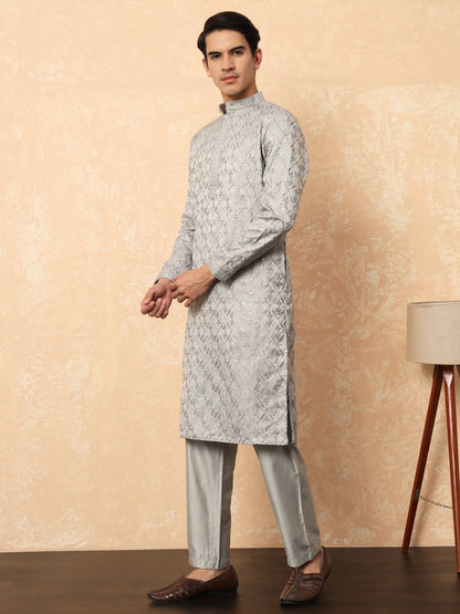 Grey cotton satin kurta with embroidery