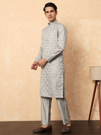 Grey Cotton Satin Kurta With Embroidery