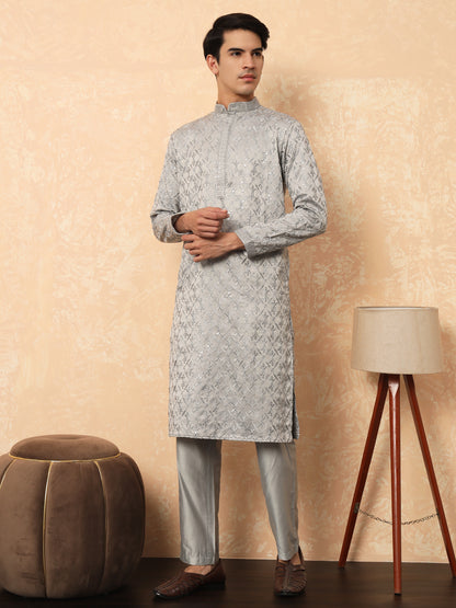 Grey cotton satin kurta with embroidery