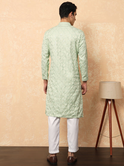 Light Olive Green Cotton Satin Kurta With Embroidery