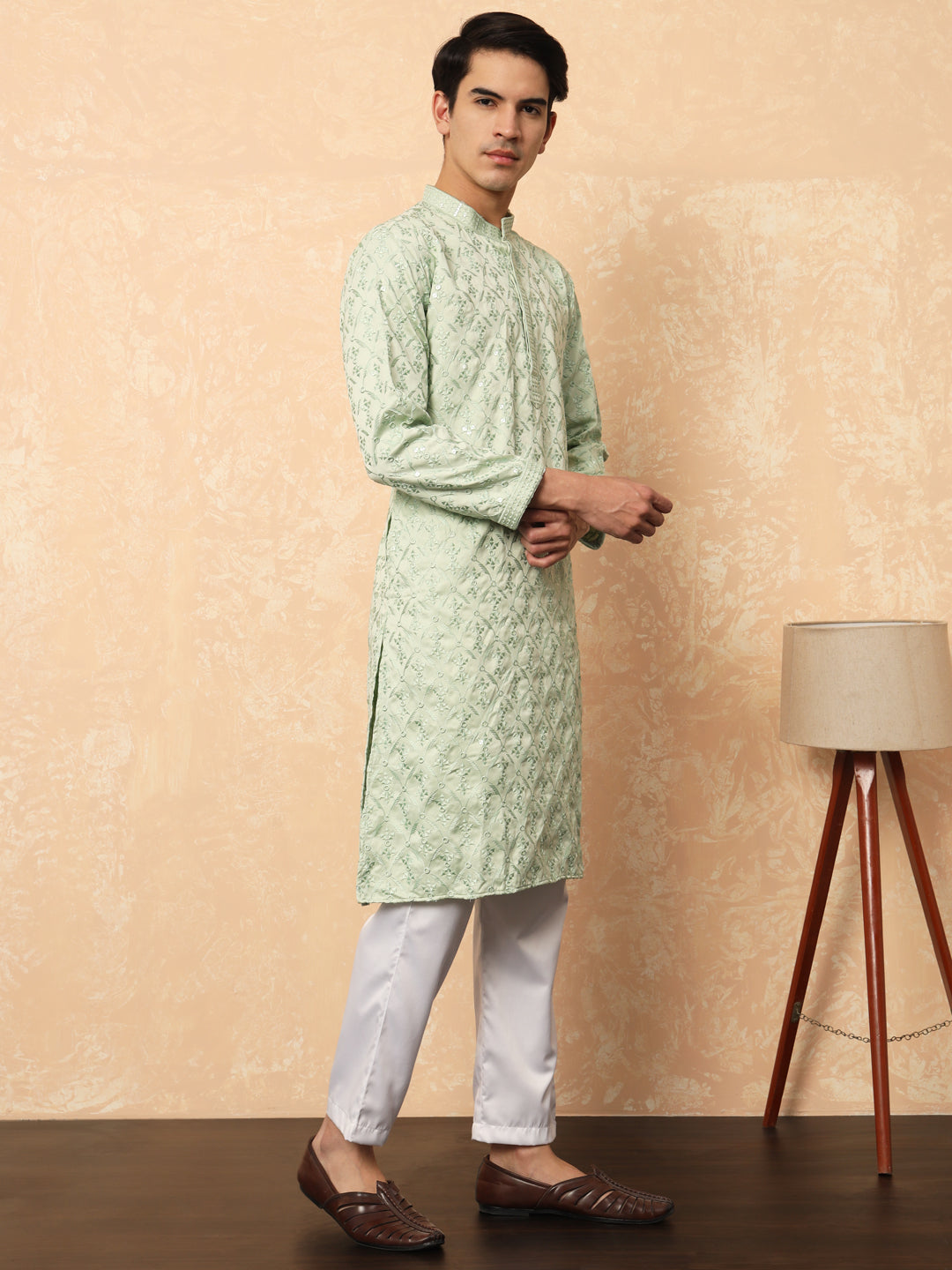 Light Olive Green Cotton Satin Kurta With Embroidery