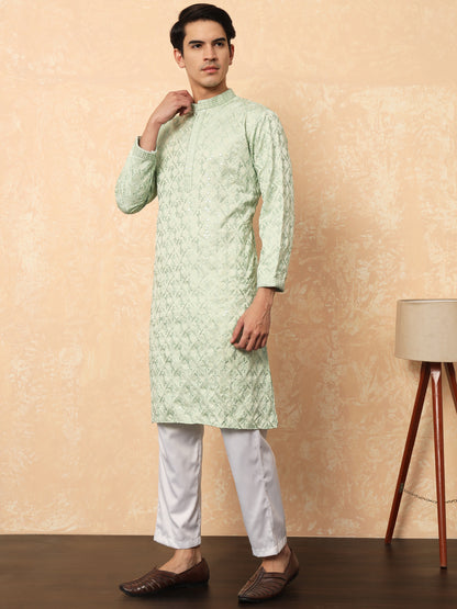 Light Olive Green Cotton Satin Kurta With Embroidery