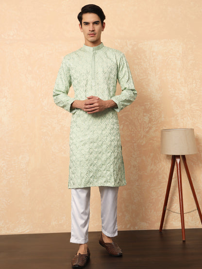 Light Olive Green Cotton Satin Kurta With Embroidery