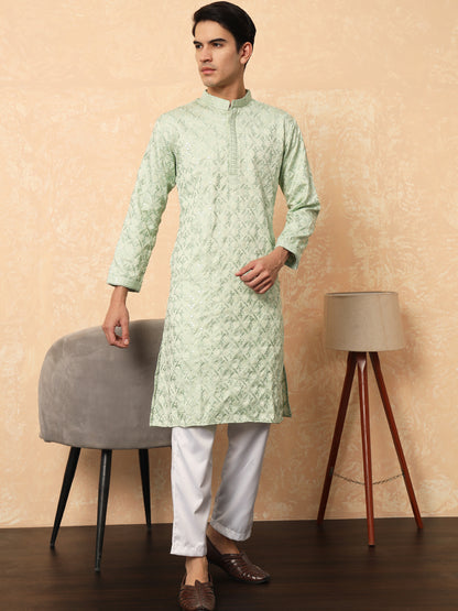 Light Olive Green Cotton Satin Kurta With Embroidery