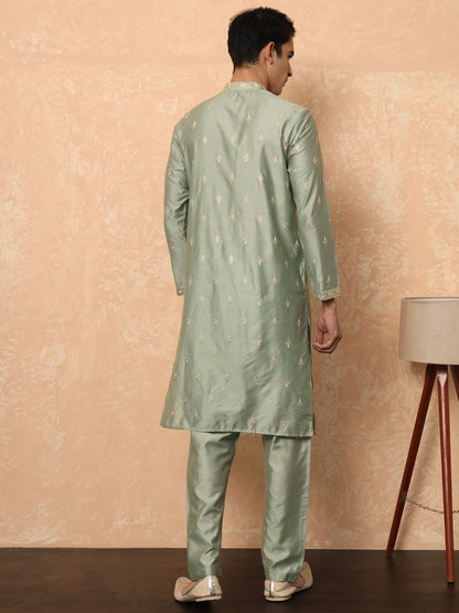 Olive Green Kurta Set With Golden Thread Work Butta And Collar