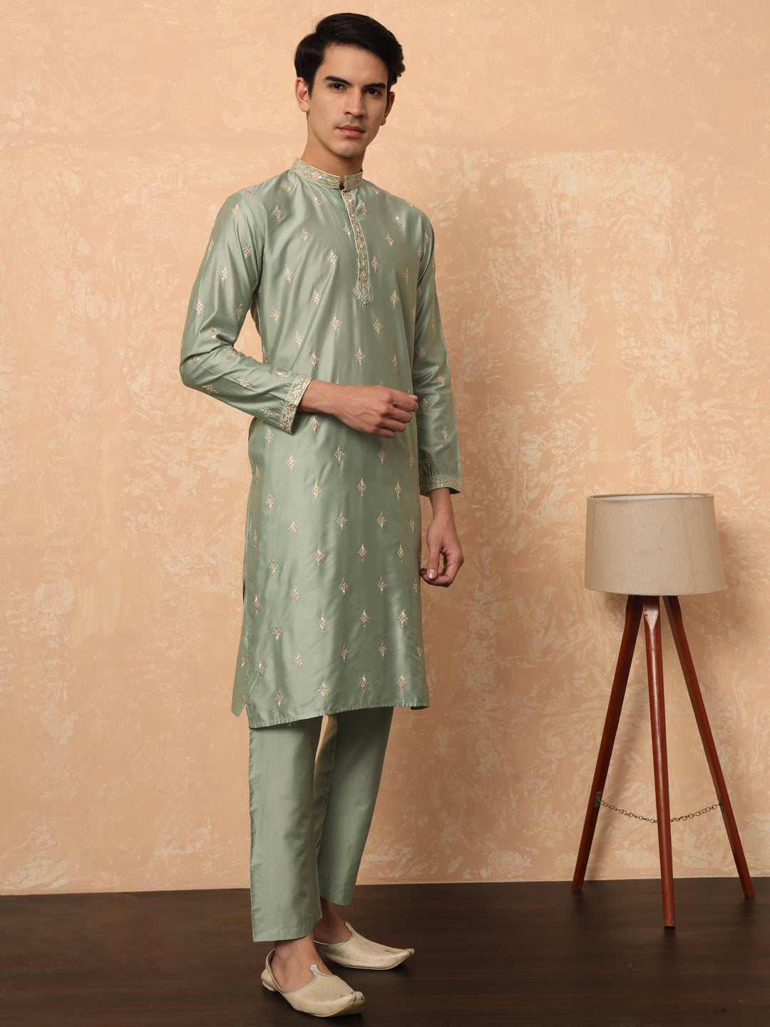 Olive Green Kurta Set With Golden Thread Work Butta And Collar