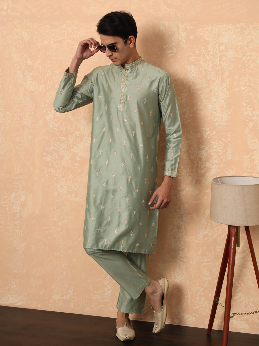 Olive Green Kurta Set With Golden Thread Work Butta And Collar