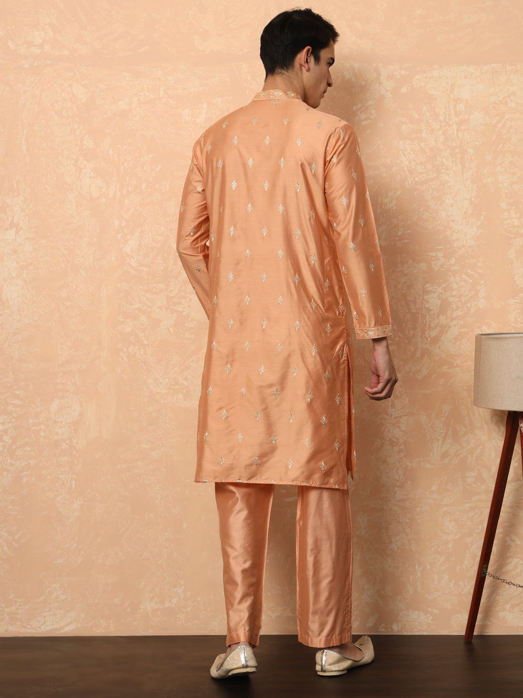 Metallic Peach Kurta Set With Golden Thread Work Butta And Collar