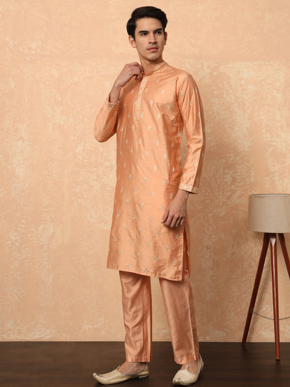 Metallic Peach Kurta Set With Golden Thread Work Butta And Collar