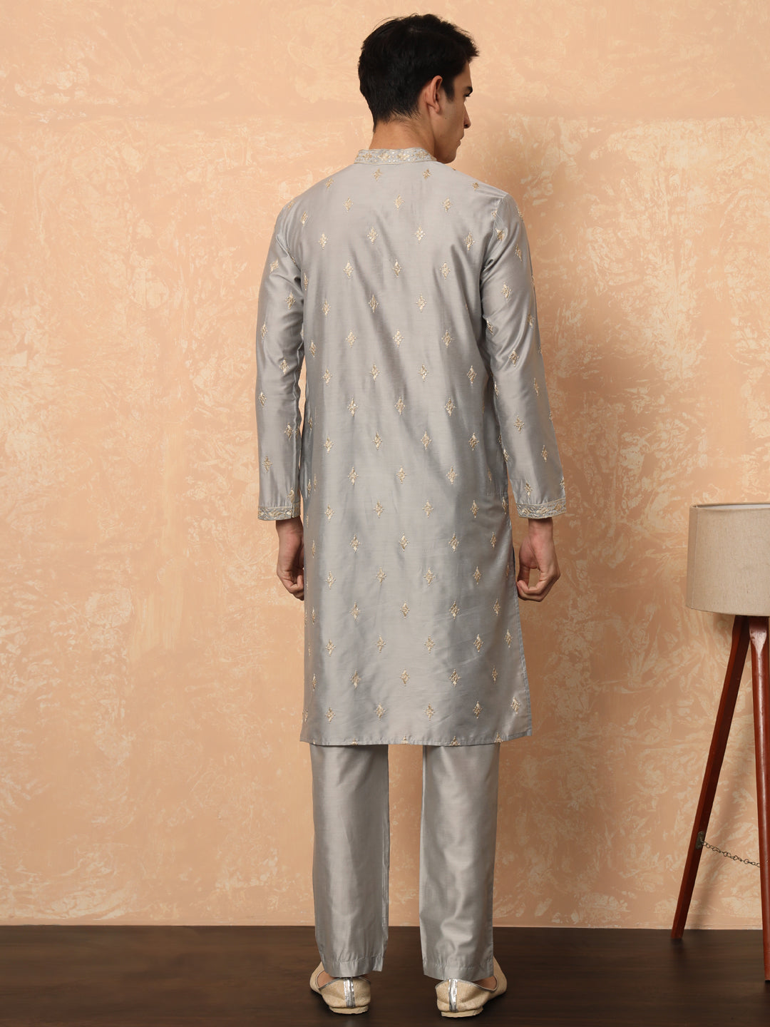 Steel Grey Kurta Set With Golden Thread Work Butta And Collar