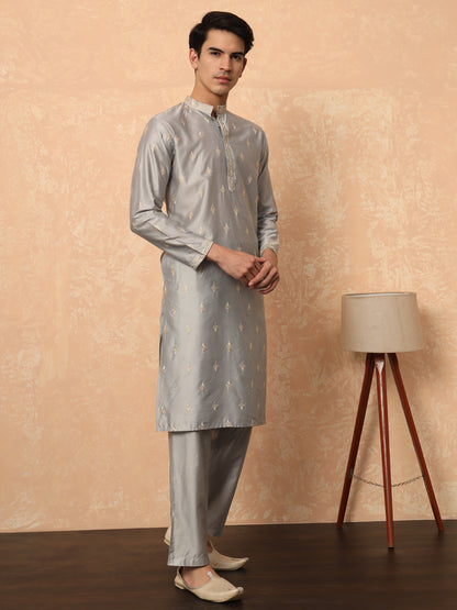 Steel Grey Kurta Set With Golden Thread Work Butta And Collar