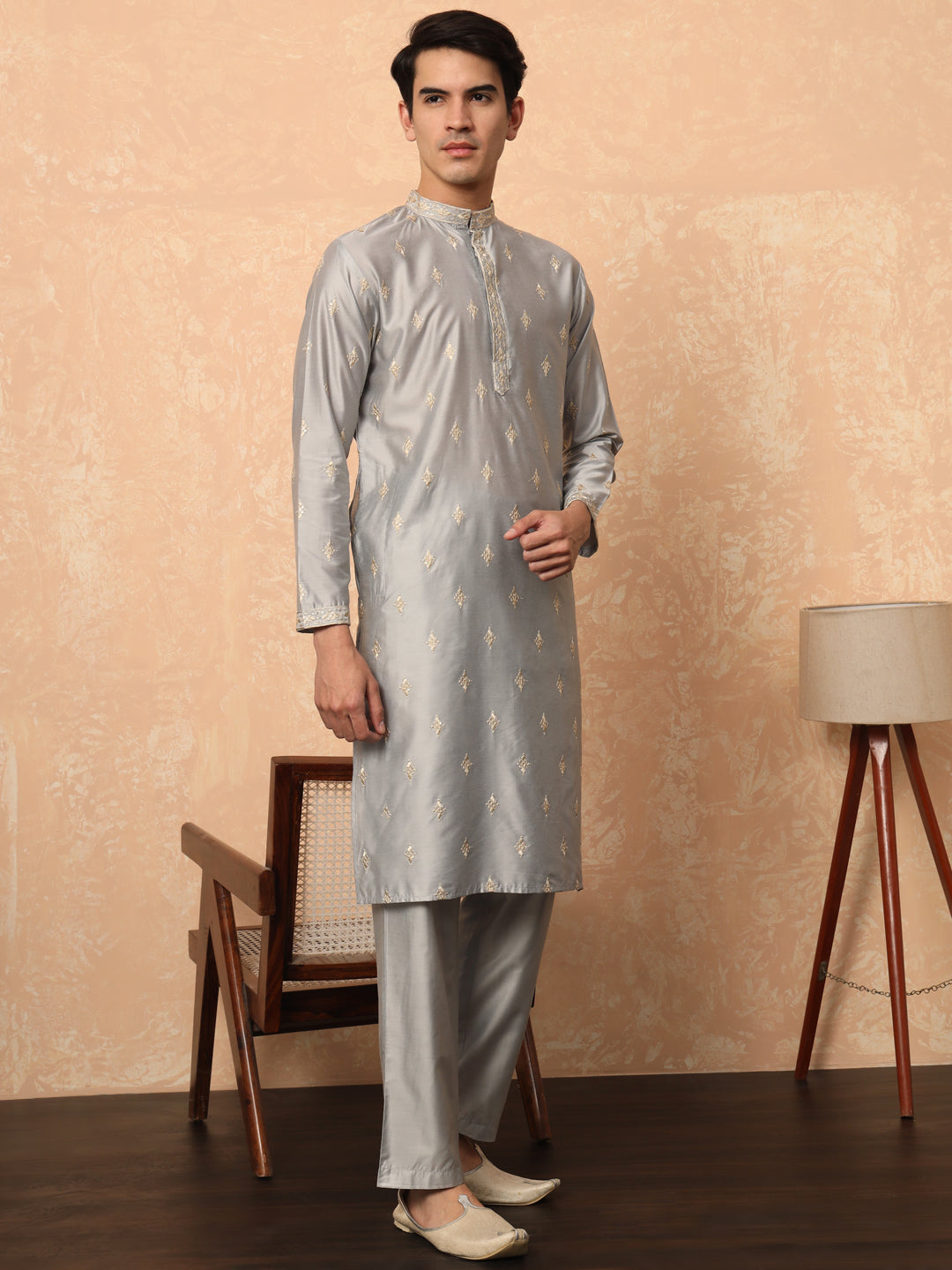 Steel Grey Kurta Set With Golden Thread Work Butta And Collar