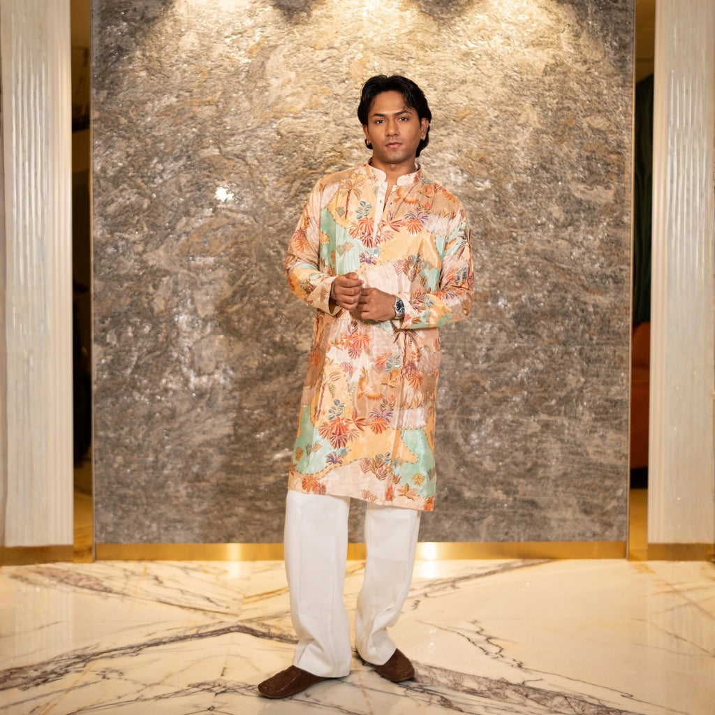 The Shaurya Embroidered Kurta Set(Imperial Peach Tapestry)