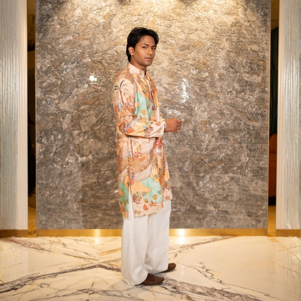 The Shaurya Embroidered Kurta Set(Imperial Peach Tapestry)