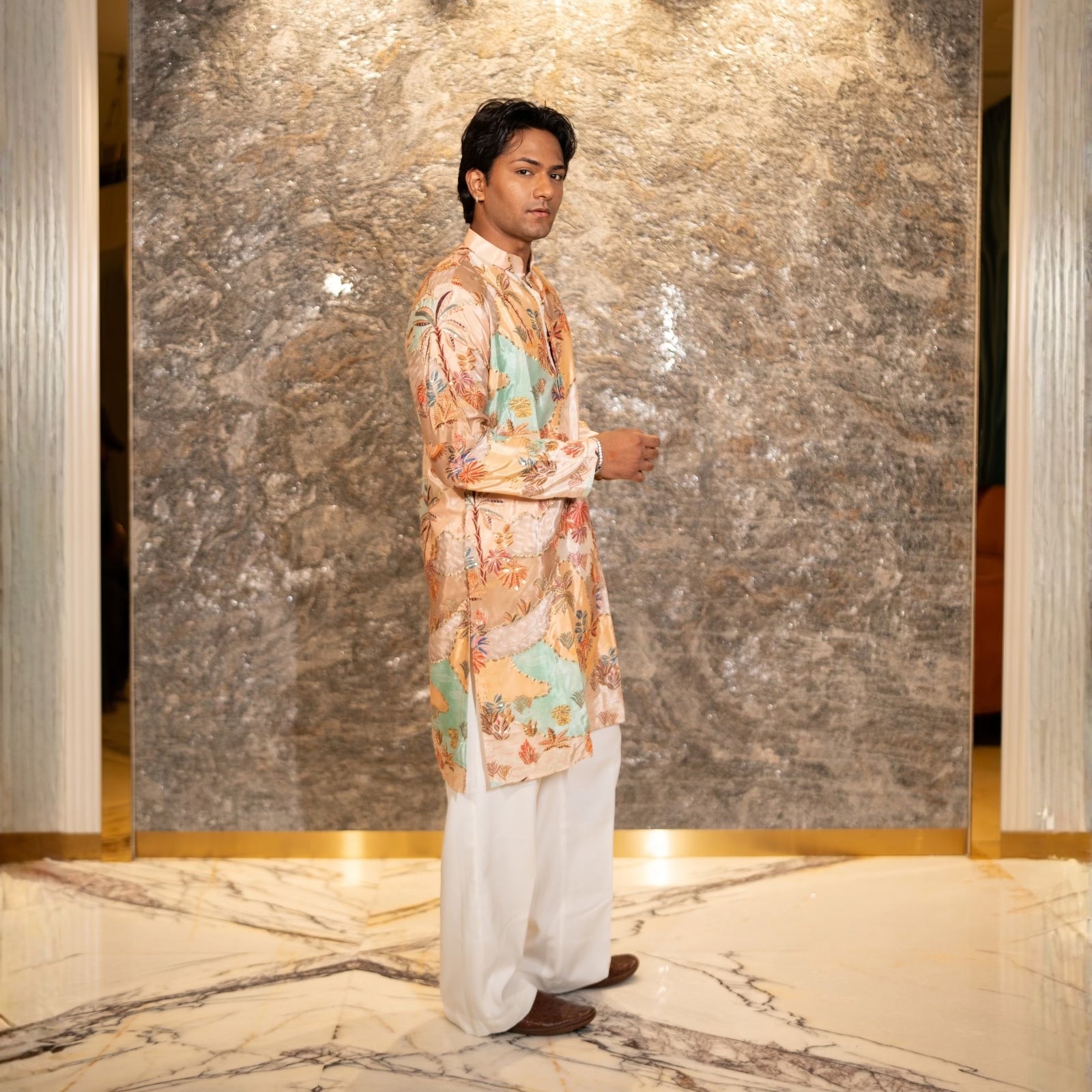 The Shaurya Embroidered Kurta Set(Imperial Peach Tapestry)